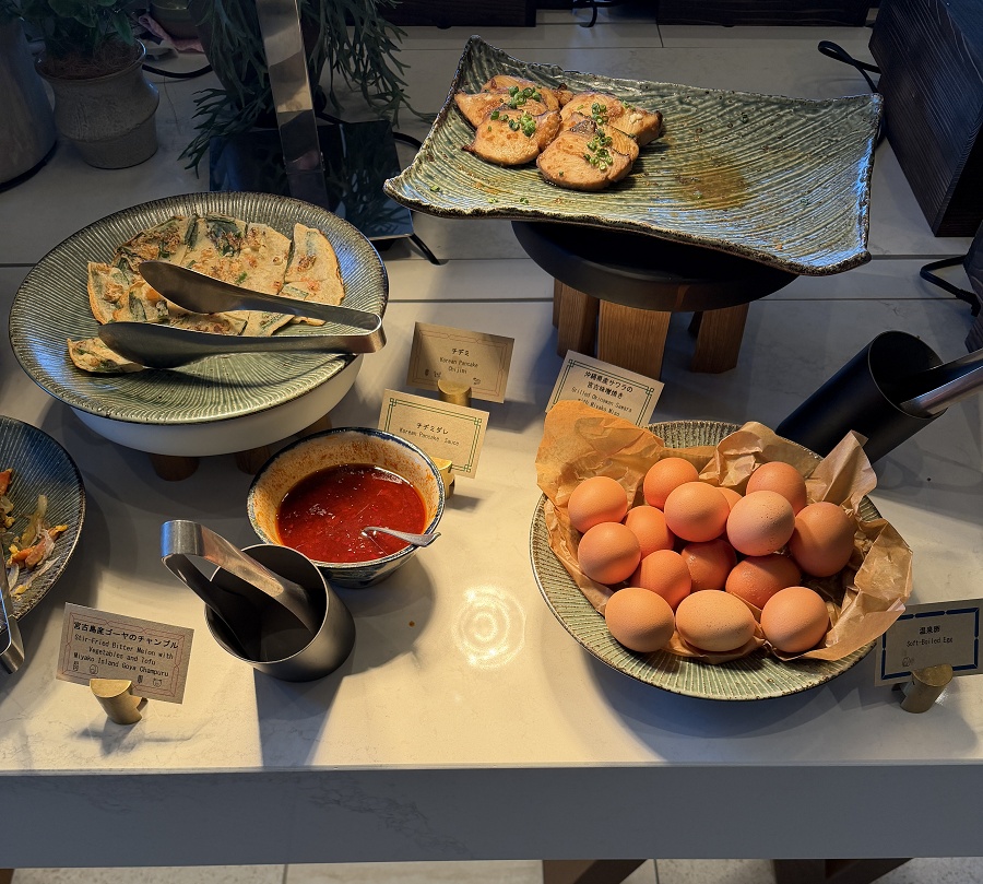 チヂミ・沖縄県産サワラの宮古味噌焼き・温泉卵